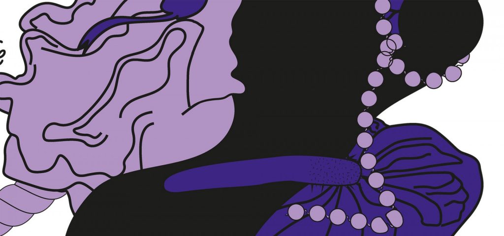 een abstracte afbeelding met iets wat lijkt op een vulva of een bloem. Verder een parelketting en een penisachtige vorm. De kleuren zijn paars, zwart en lila.
